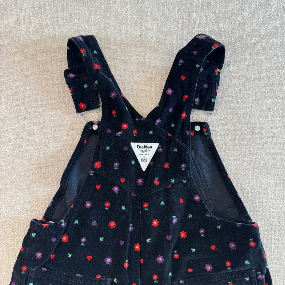 OshKosh Bgosh Black Corduroy Floral Heart Overalls Girls 6X Vestbak 90s EUC
